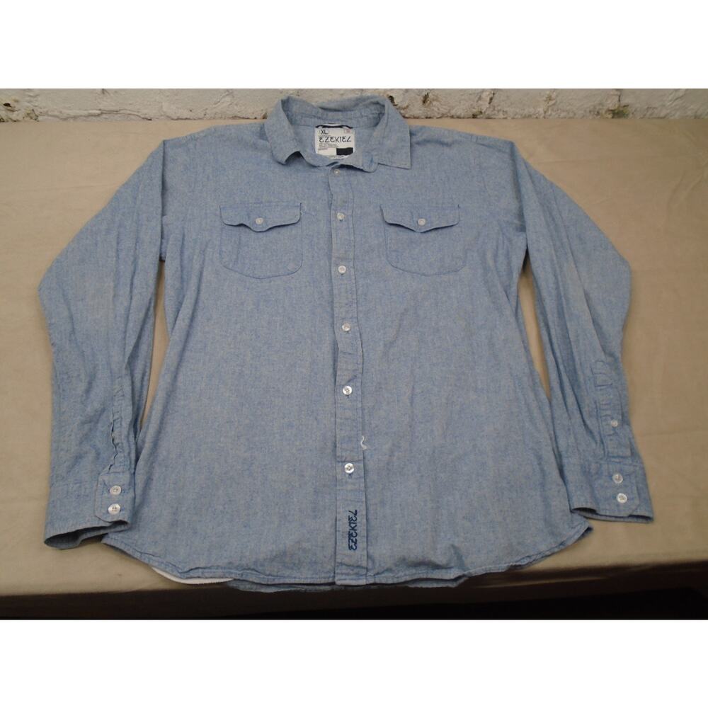 Ezekial Button Shirt Heather Blue Button Long Sleeve Pockets Size XL